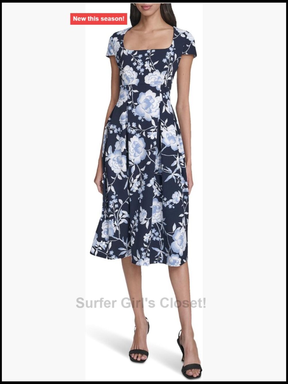 Floral Pleated Midi A-Line Dress Square Neck Short Sleeve - Picture 1 of 5